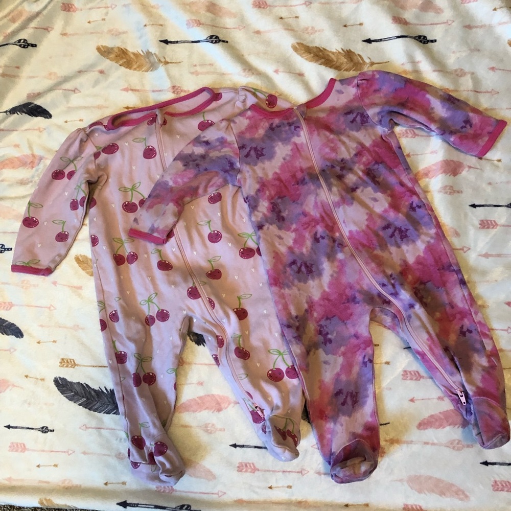 Lot Of 2 Wonder Nation Girls Footed Pajamas Size 6-9 Mo Pink Tie Dye Cherries